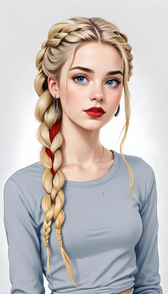 A White Girl Age 21 With Long Blue Braided Hair Gray Eyes Red Lips Wearing A Gray Shirt And Earrings With A White Background 25 C3bb