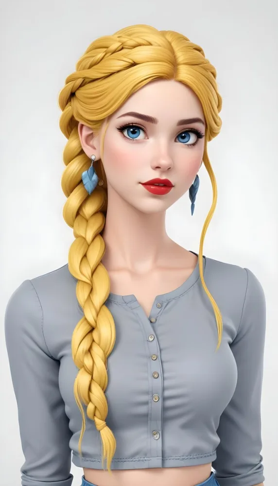 A White Girl Age 21 With Long Blue Braided Hair Gray Eyes Red Lips Wearing A Gray Shirt And Earrings With A White Background 3 47d5