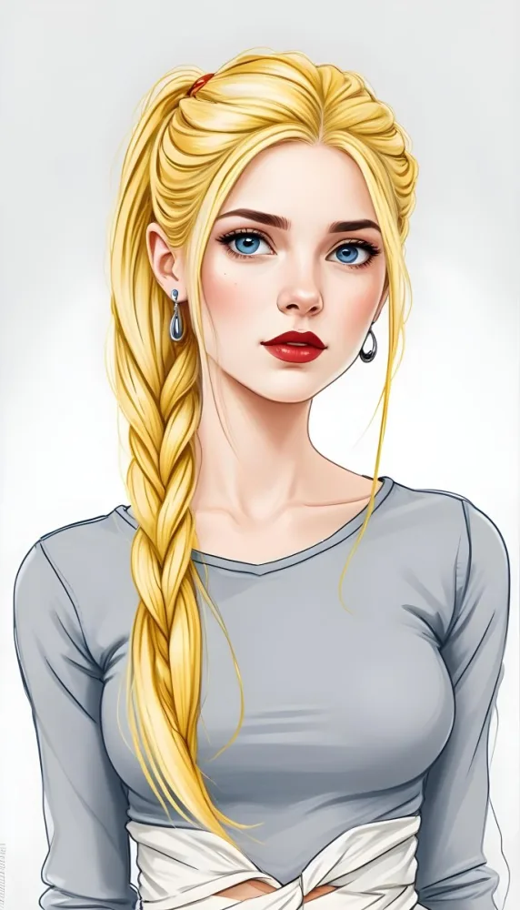 A White Girl Age 21 With Long Blue Braided Hair Gray Eyes Red Lips Wearing A Gray Shirt And Earrings With A White Background 37 Ec9a