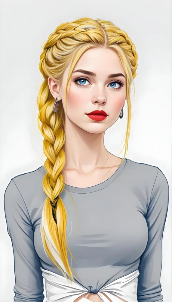 A White Girl Age 21 With Long Blue Braided Hair Gray Eyes Red Lips Wearing A Gray Shirt And Earrings With A White Background 41 B019