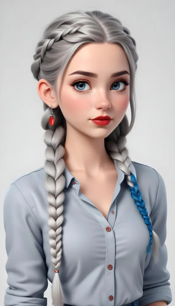 A White Girl Age 21 With Long Blue Braided Hair Gray Eyes Red Lips Wearing A Gray Shirt And Earrings With A White Background 5 173b