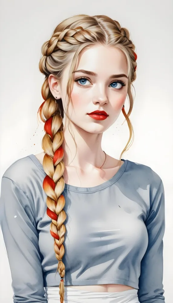 A White Girl Age 21 With Long Blue Braided Hair Gray Eyes Red Lips Wearing A Gray Shirt And Earrings With A White Background 60 9782