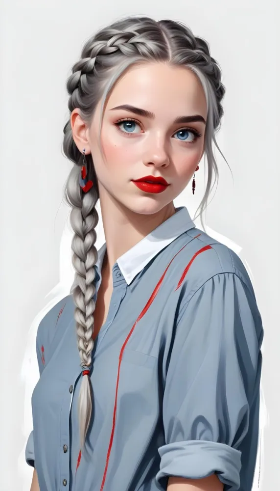 A White Girl Age 21 With Long Blue Braided Hair Gray Eyes Red Lips Wearing A Gray Shirt And Earrings With A White Background 63 7524