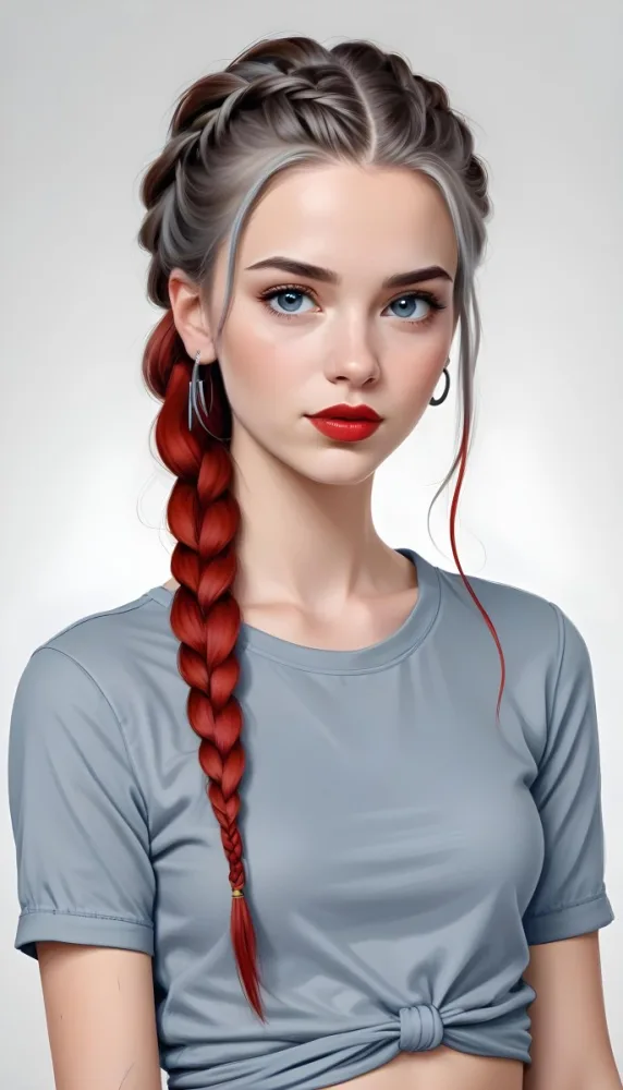 A White Girl Age 21 With Long Blue Braided Hair Gray Eyes Red Lips Wearing A Gray Shirt And Earrings With A White Background 65 9800