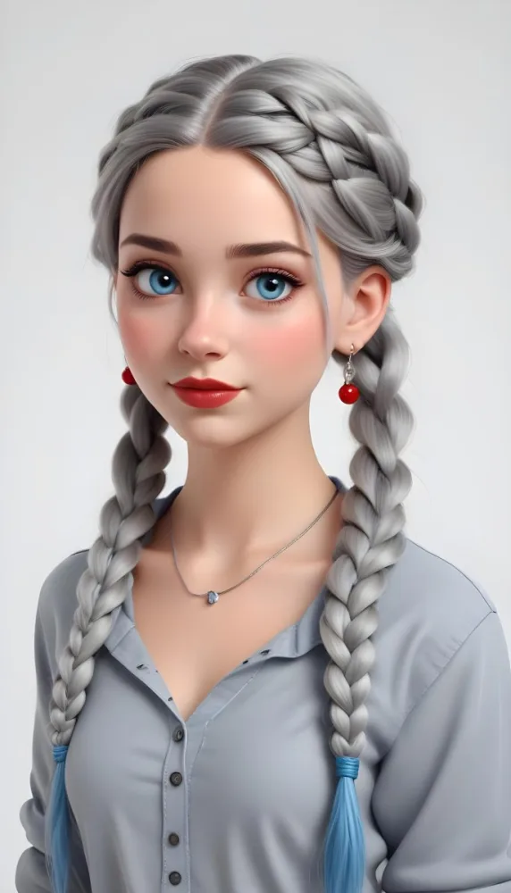 A White Girl Age 21 With Long Blue Braided Hair Gray Eyes Red Lips Wearing A Gray Shirt And Earrings With A White Background 7 Dfc9