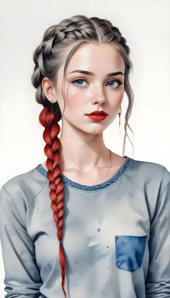 A White Girl Age 21 With Long Blue Braided Hair Gray Eyes Red Lips Wearing A Gray Shirt And Earrings With A White Background 71 3f59