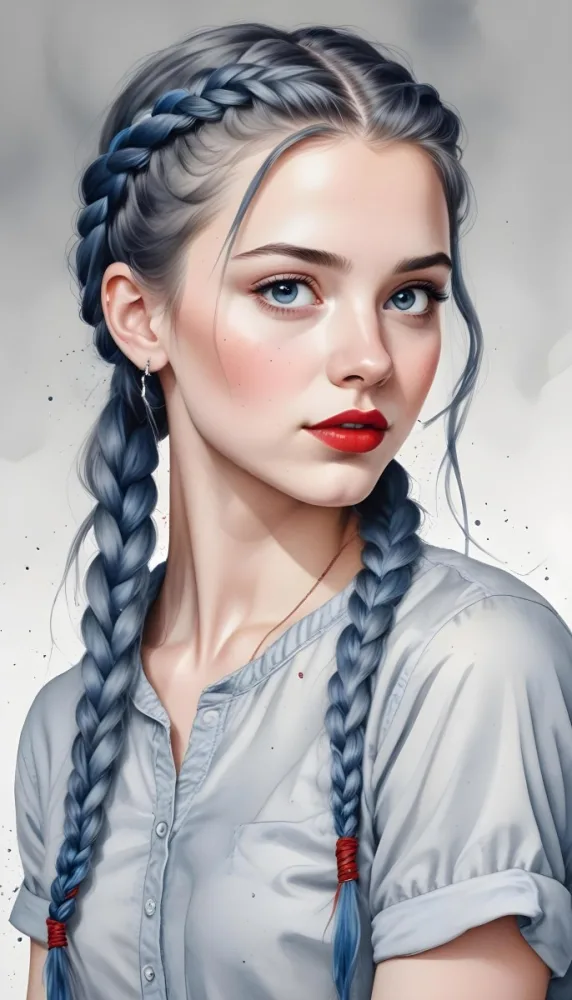 A White Girl Age 21 With Long Blue Braided Hair Gray Eyes Red Lips Wearing A Gray Shirt And Earrings With A White Background 72 E37a