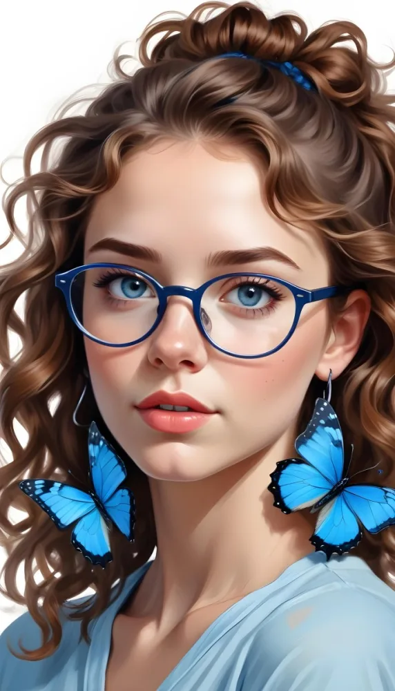 A White Girl With Fair Skin 22 Years Old Brown Curly Hair Wearing Blue Glasses And Blue Butterfly Earrings White Background 13 400d