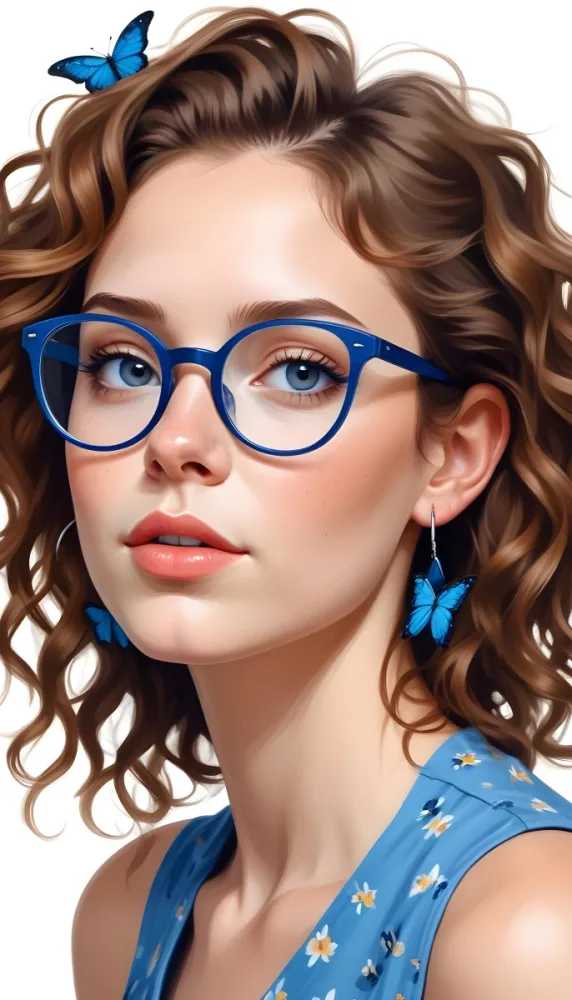 A White Girl With Fair Skin 22 Years Old Brown Curly Hair Wearing Blue Glasses And Blue Butterfly Earrings White Background 15 F056