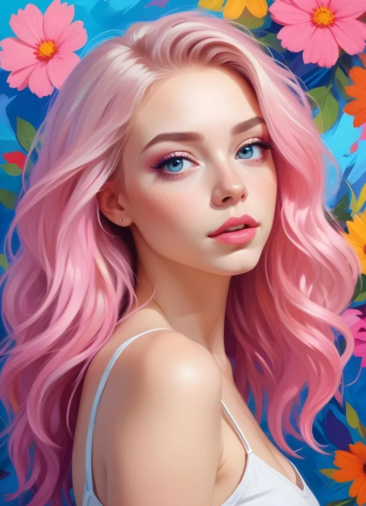 A White Girl With Light Skin 22 Years Old With Colorful Hair And Flowers Light Pink Lips Blue Eyes In A Colorful Background 1 338e