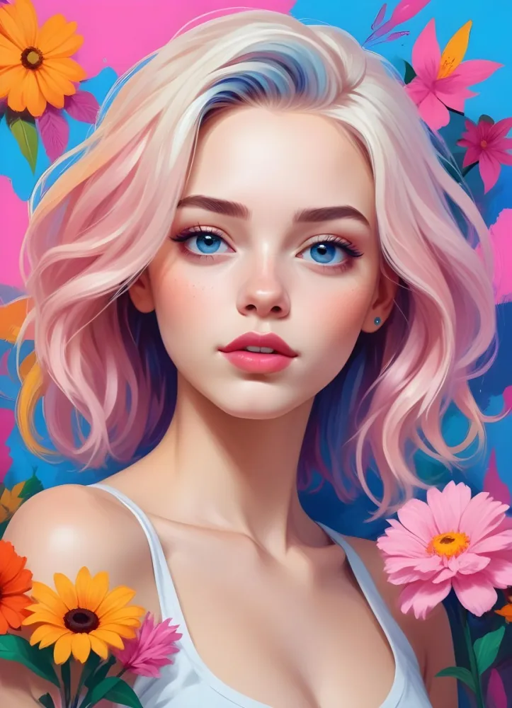A White Girl With Light Skin 22 Years Old With Colorful Hair And Flowers Light Pink Lips Blue Eyes In A Colorful Background 13 B929