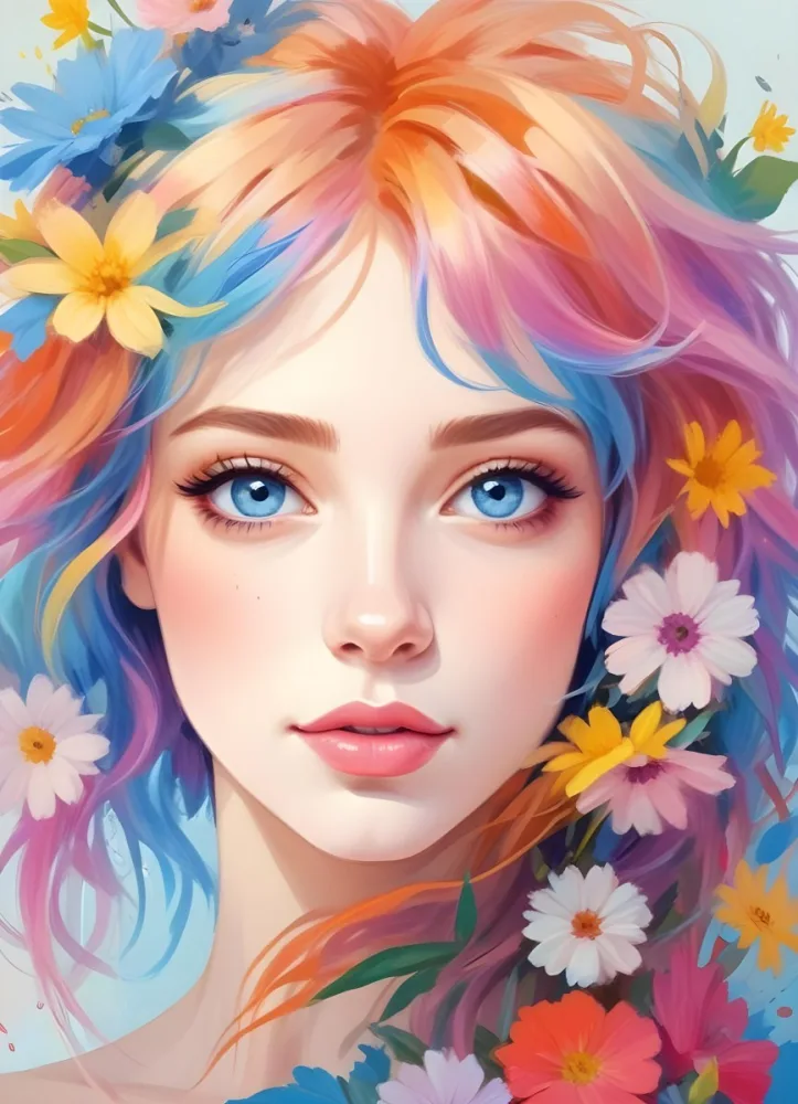 A White Girl With Light Skin 22 Years Old With Colorful Hair And Flowers Light Pink Lips Blue Eyes In A Colorful Background 14 Cafb