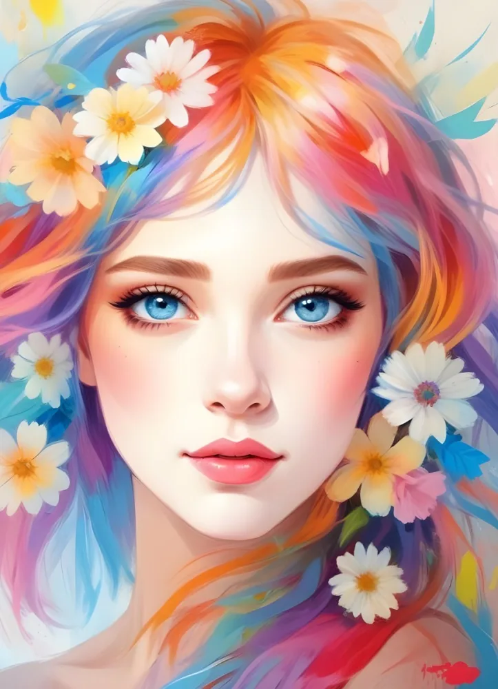 A White Girl With Light Skin 22 Years Old With Colorful Hair And Flowers Light Pink Lips Blue Eyes In A Colorful Background 18 24c7