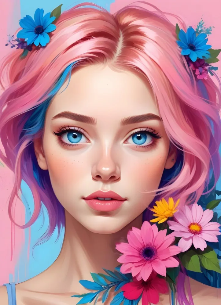 A White Girl With Light Skin 22 Years Old With Colorful Hair And Flowers Light Pink Lips Blue Eyes In A Colorful Background 19 5c7f