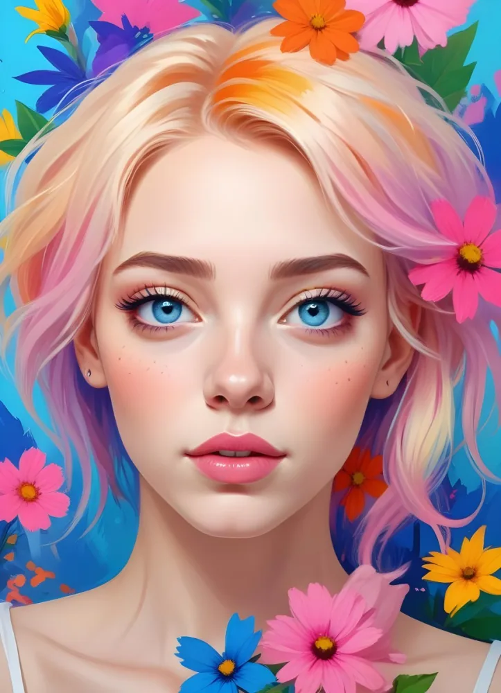 A White Girl With Light Skin 22 Years Old With Colorful Hair And Flowers Light Pink Lips Blue Eyes In A Colorful Background 2 9fde
