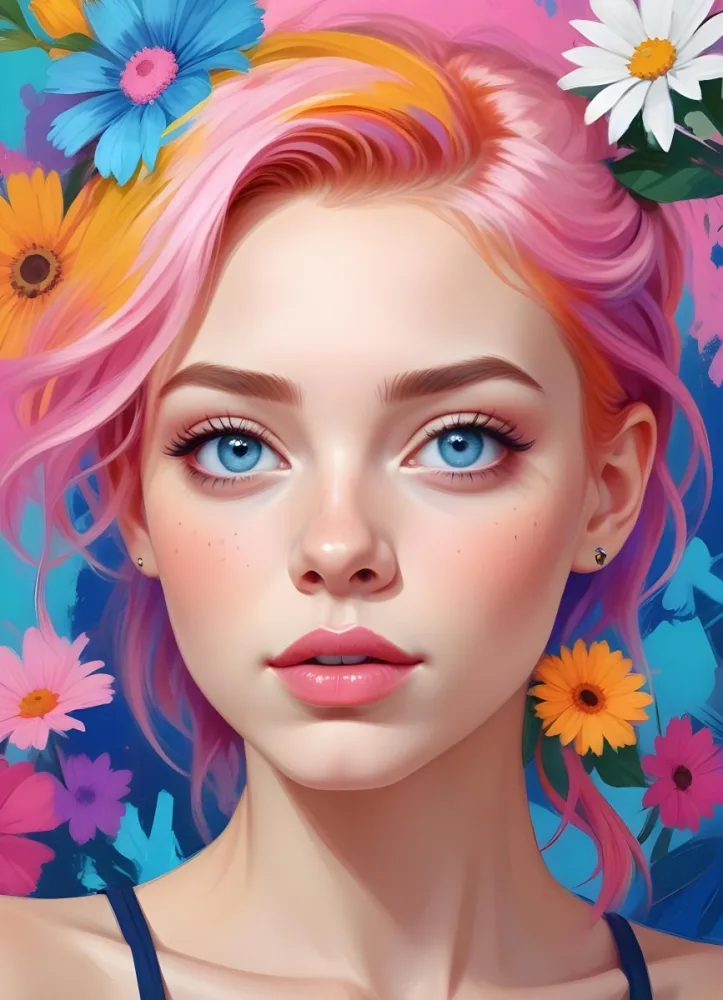 A White Girl With Light Skin 22 Years Old With Colorful Hair And Flowers Light Pink Lips Blue Eyes In A Colorful Background 25 7346