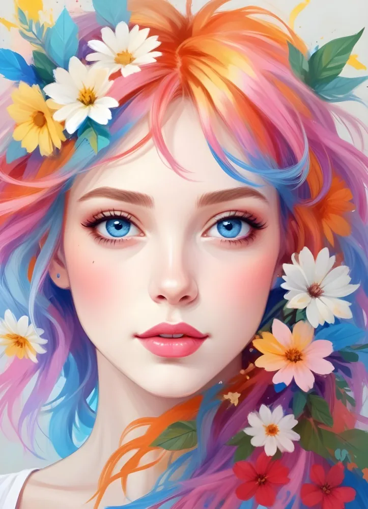 A White Girl With Light Skin 22 Years Old With Colorful Hair And Flowers Light Pink Lips Blue Eyes In A Colorful Background 26 6891