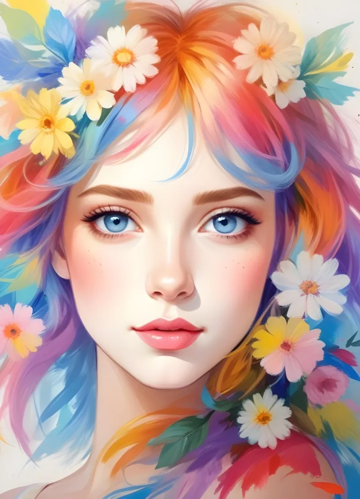 A White Girl With Light Skin 22 Years Old With Colorful Hair And Flowers Light Pink Lips Blue Eyes In A Colorful Background 29 Ed69