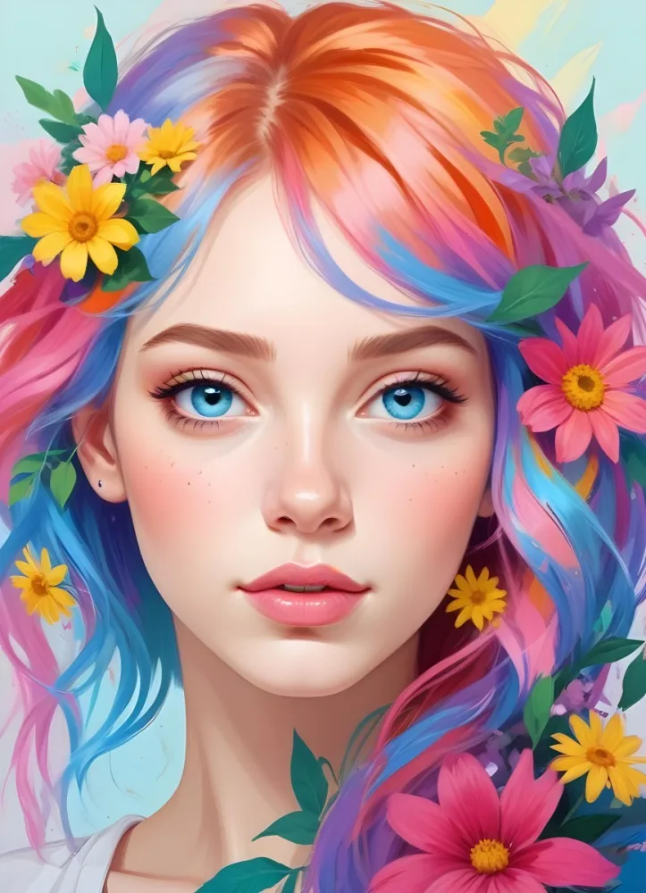 A White Girl With Light Skin 22 Years Old With Colorful Hair And Flowers Light Pink Lips Blue Eyes In A Colorful Background 31 54ba