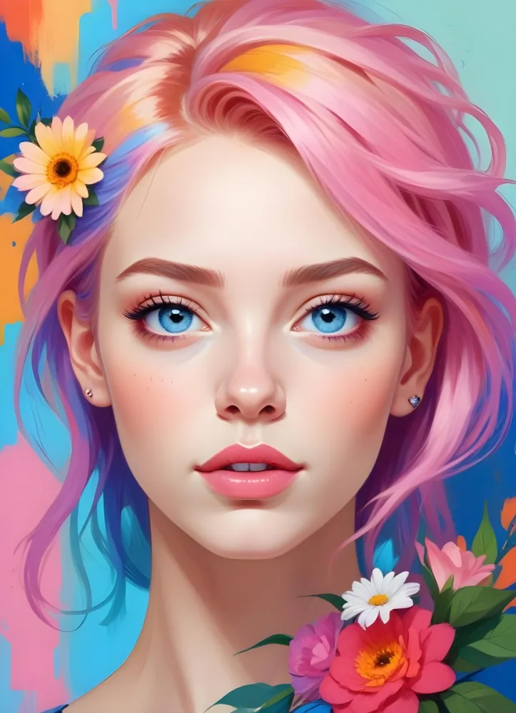 A White Girl With Light Skin 22 Years Old With Colorful Hair And Flowers Light Pink Lips Blue Eyes In A Colorful Background 51 7551