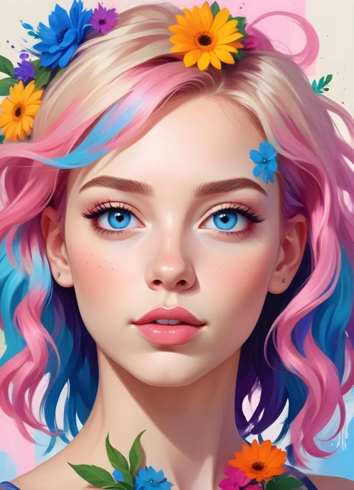 A White Girl With Light Skin 22 Years Old With Colorful Hair And Flowers Light Pink Lips Blue Eyes In A Colorful Background 52 7b44 Ee4c