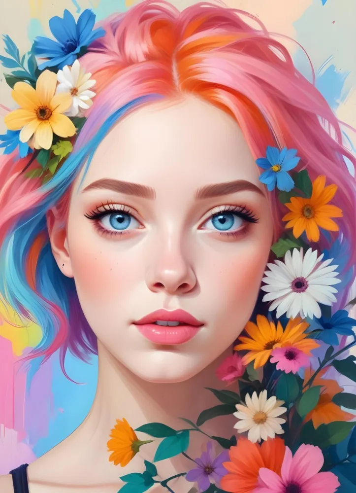 A White Girl With Light Skin 22 Years Old With Colorful Hair And Flowers Light Pink Lips Blue Eyes In A Colorful Background 54 431f
