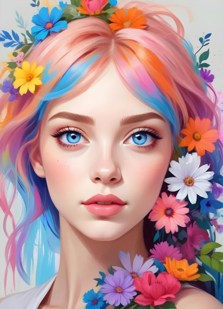 A White Girl With Light Skin 22 Years Old With Colorful Hair And Flowers Light Pink Lips Blue Eyes In A Colorful Background 7 F36a