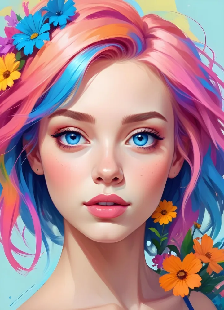 A White Girl With Light Skin 22 Years Old With Colorful Hair And Flowers Light Pink Lips Blue Eyes In A Colorful Background 9 9481