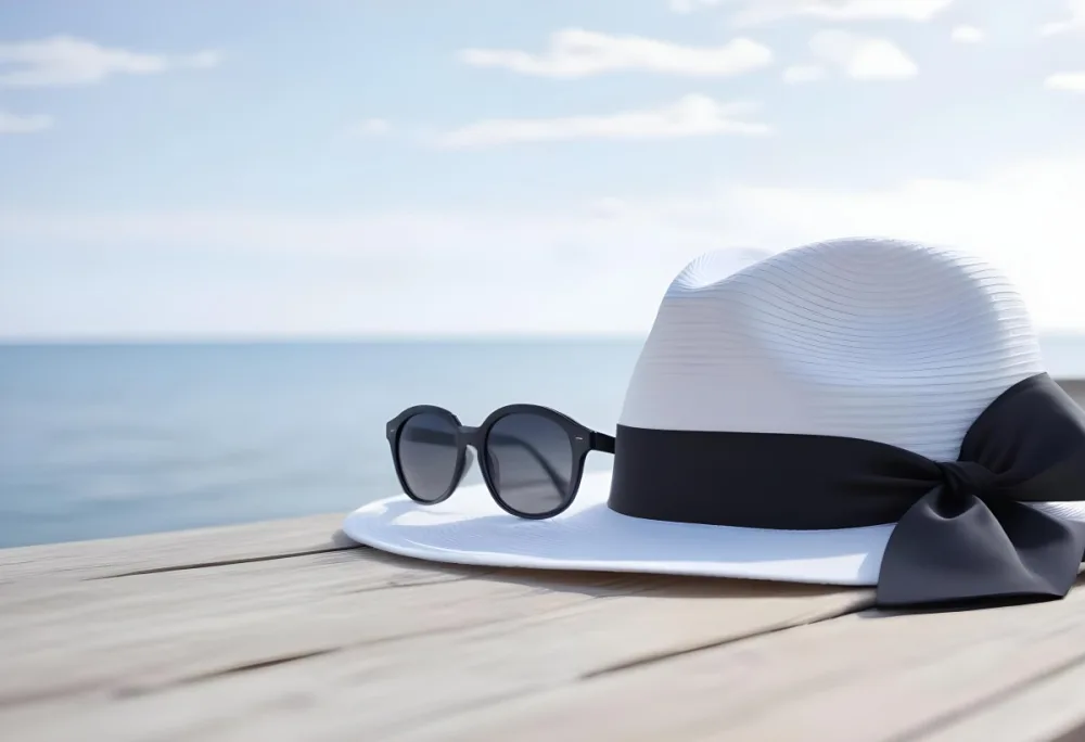 A White Hat With A Black Ribbon And Sunglasses On A Wooden Surface With A Blurred Background Of The Sea And Sky 11 12c5