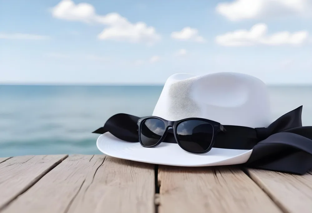 A White Hat With A Black Ribbon And Sunglasses On A Wooden Surface With A Blurred Background Of The Sea And Sky 27