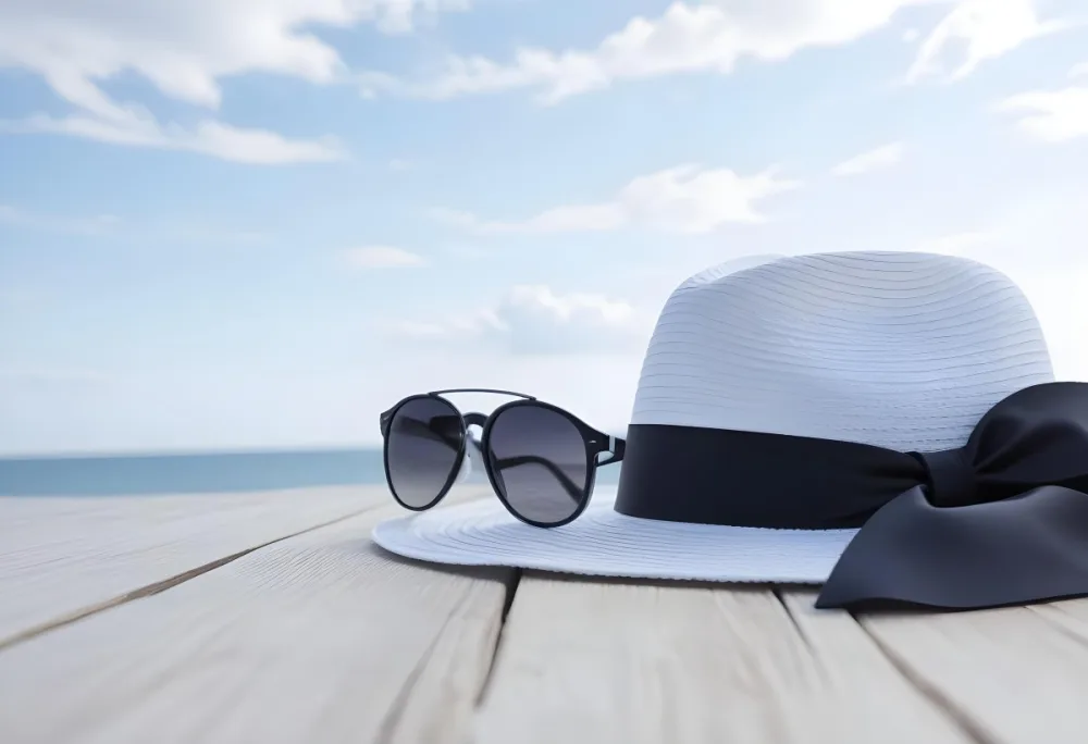 A White Hat With A Black Ribbon And Sunglasses On A Wooden Surface With A Blurred Background Of The Sea And Sky 28 6568