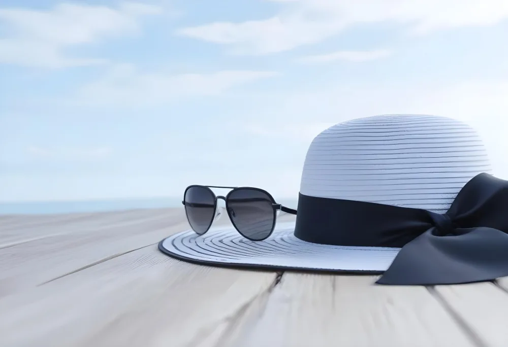 A White Hat With A Black Ribbon And Sunglasses On A Wooden Surface With A Blurred Background Of The Sea And Sky 40