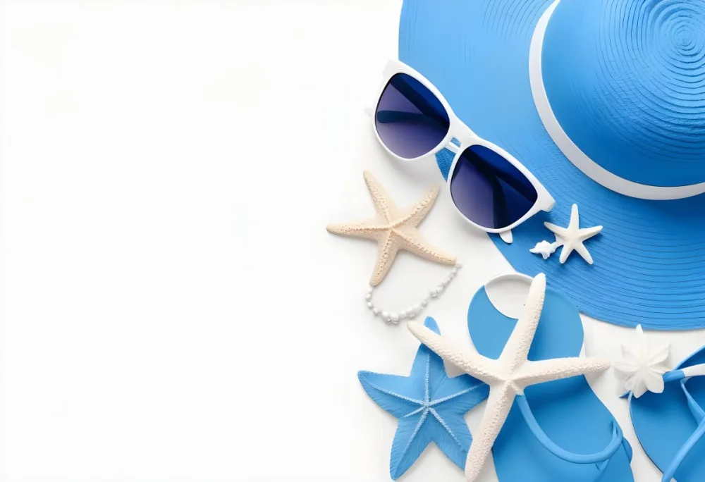 A White Hat With A Blue Flower Blue Sunglasses A Starfish A White Necklace And A White Sandal On A White Background 3 38f2