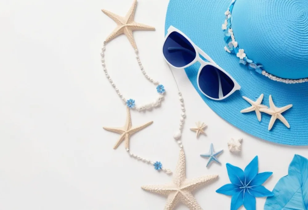 A White Hat With A Blue Flower Blue Sunglasses A Starfish A White Necklace And A White Sandal On A White Background 4 8d13
