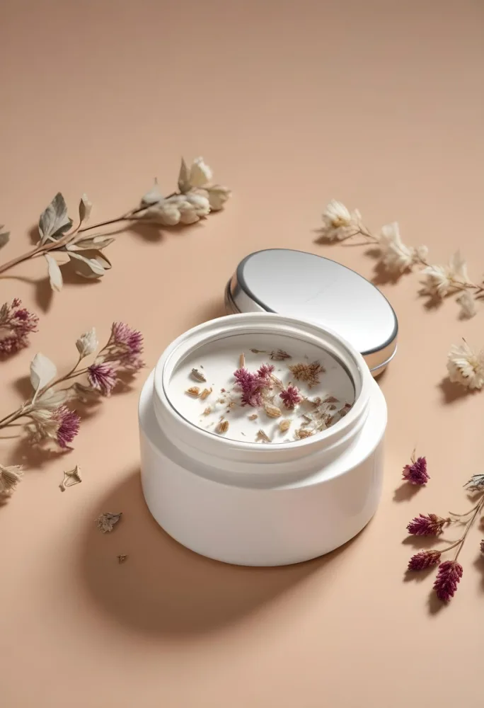 A White Jar Of Skincare Product Surrounded By Dried Flowers And Leaves On A Beige Background 12 E049