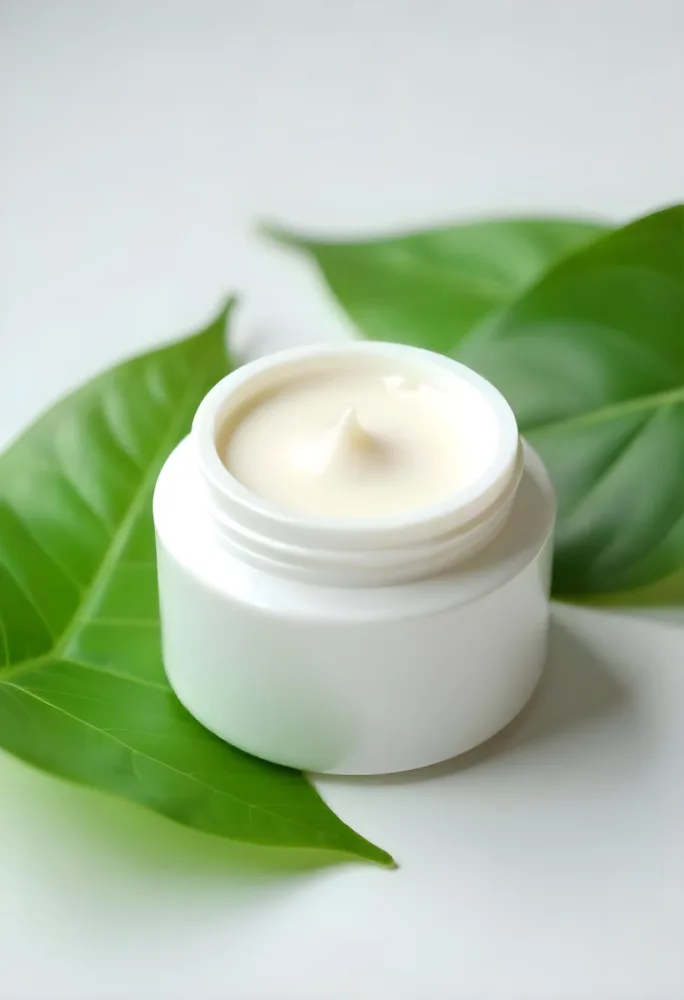 A White Jar With Cream And A Lid Surrounded By Two Green Leaves On A White Surface 133 Af90