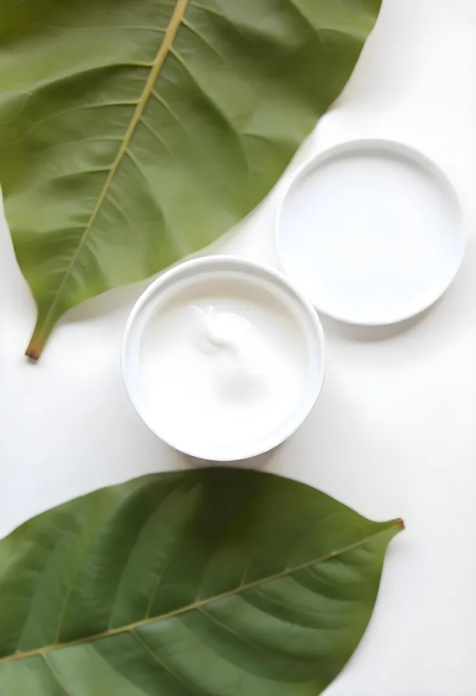 A White Jar With Cream And A Lid Surrounded By Two Green Leaves On A White Surface 138 0065