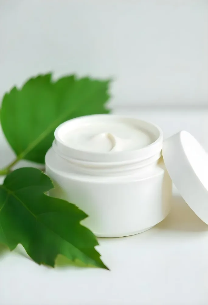 A White Jar With Cream And A Lid Surrounded By Two Green Leaves On A White Surface 180 0189
