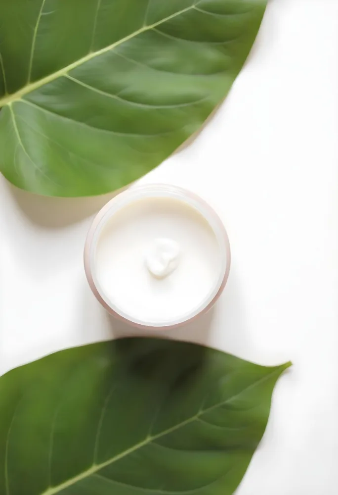 A White Jar With Cream And A Lid Surrounded By Two Green Leaves On A White Surface 190 2707