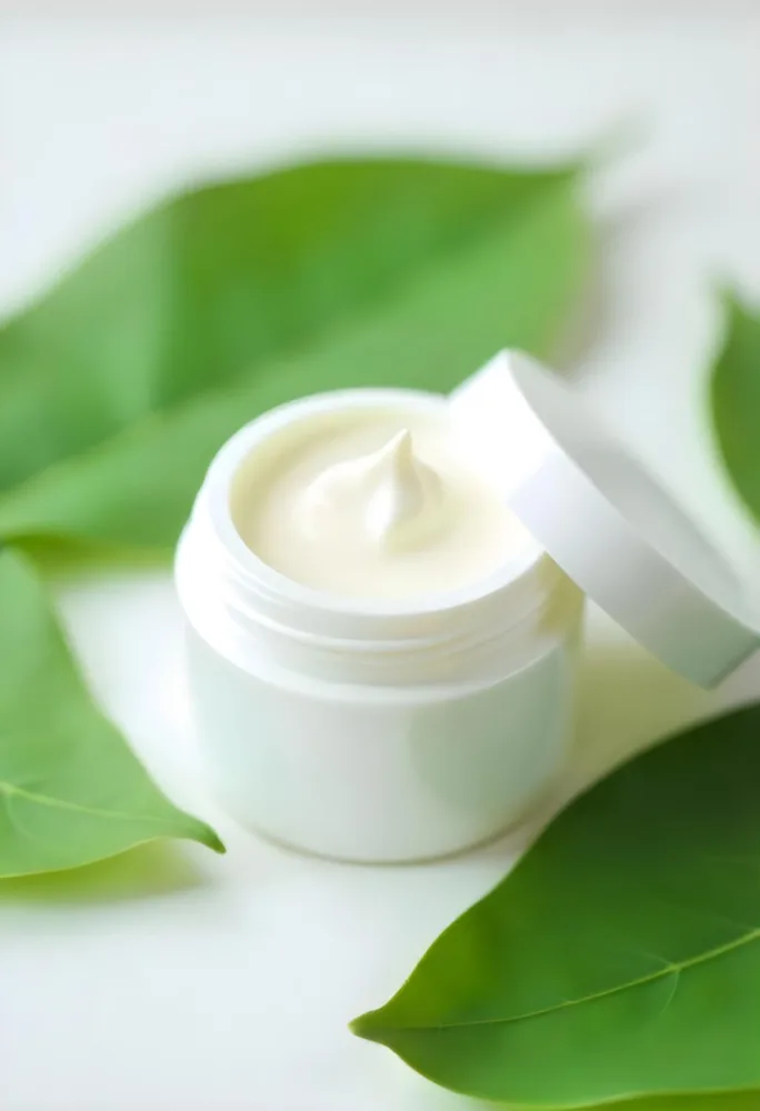 A White Jar With Cream And A Lid Surrounded By Two Green Leaves On A White Surface 212 3a53