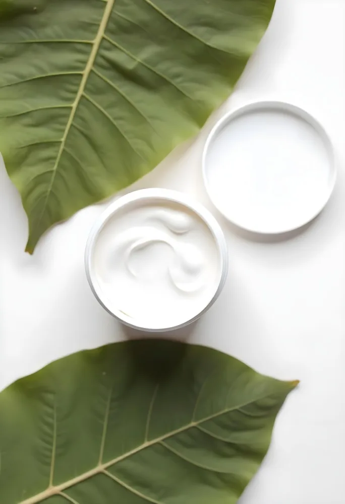 A White Jar With Cream And A Lid Surrounded By Two Green Leaves On A White Surface 218 7f5f