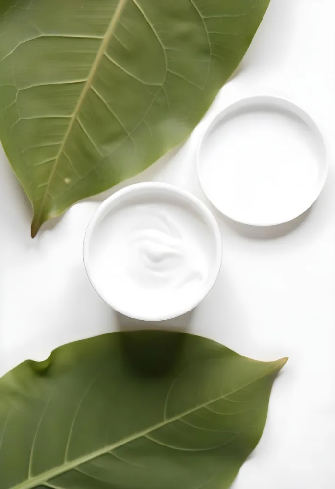 A White Jar With Cream And A Lid Surrounded By Two Green Leaves On A White Surface 222 9128