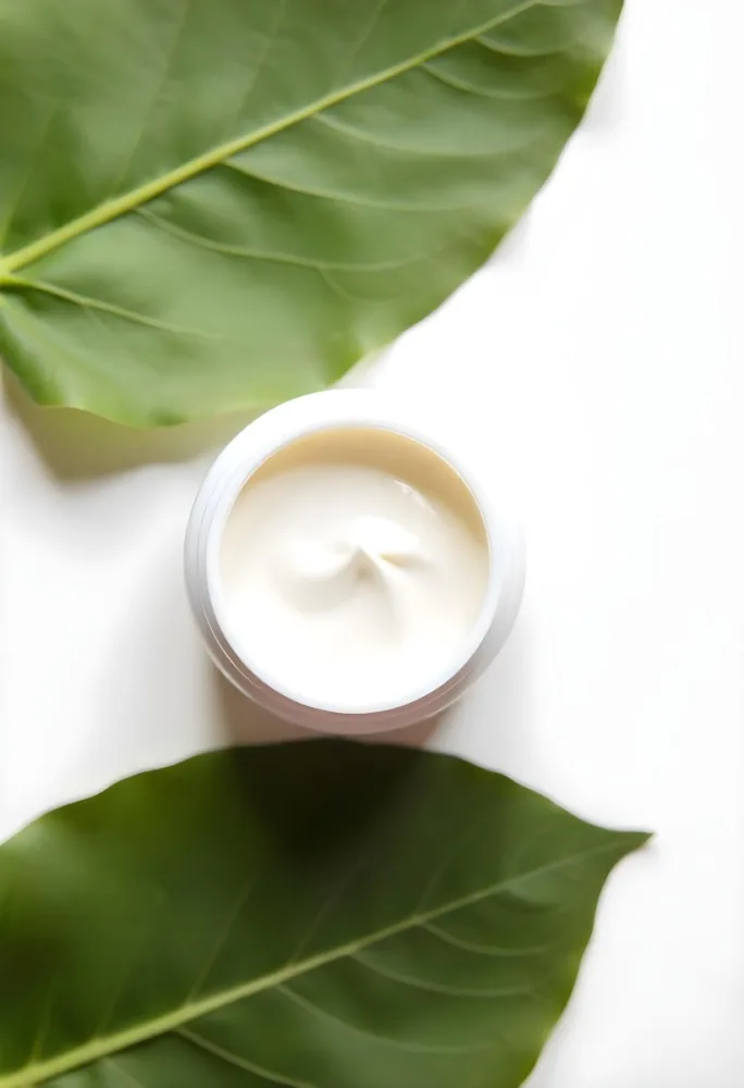 A White Jar With Cream And A Lid Surrounded By Two Green Leaves On A White Surface 35 F3fa