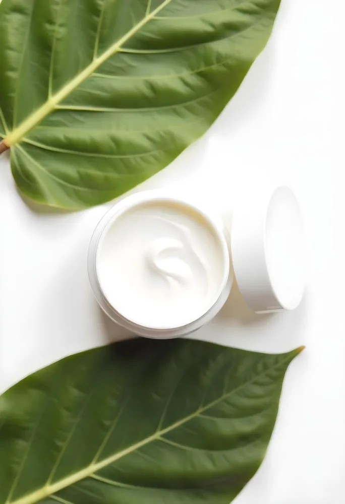 A White Jar With Cream And A Lid Surrounded By Two Green Leaves On A White Surface 36 90fd