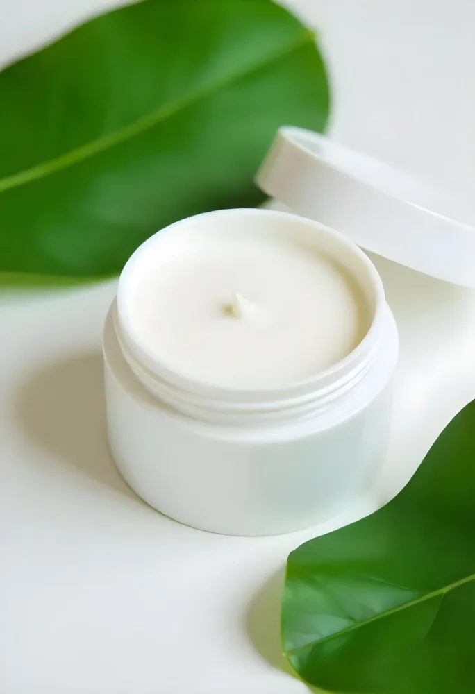 A White Jar With Cream And A Lid Surrounded By Two Green Leaves On A White Surface 42 F094