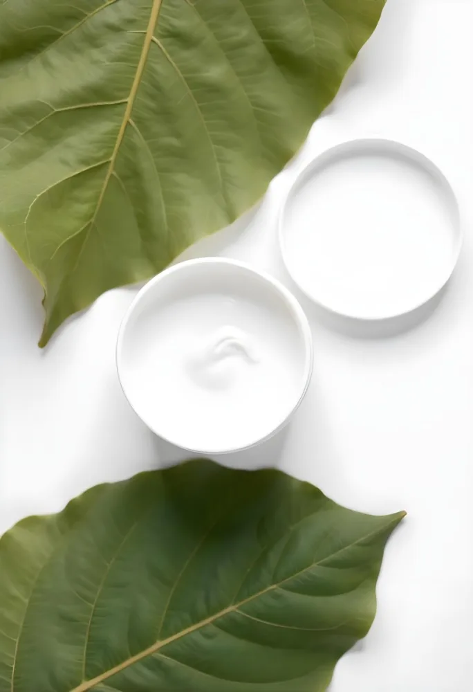 A White Jar With Cream And A Lid Surrounded By Two Green Leaves On A White Surface 8 3d51