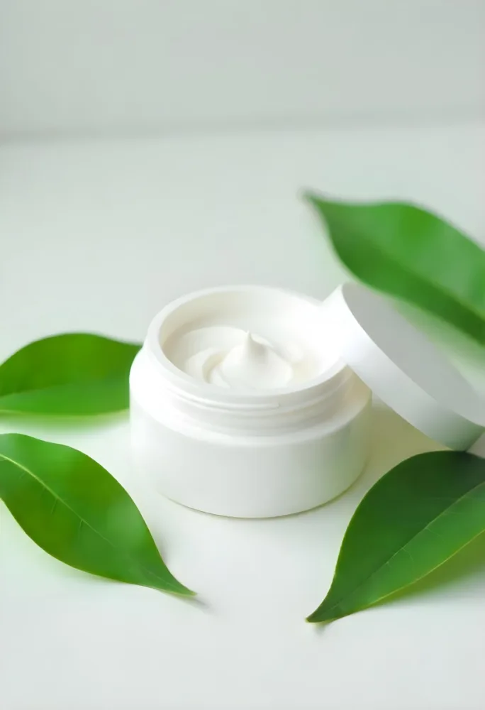 A White Jar With Cream And A Lid Surrounded By Two Green Leaves On A White Surface 85 1f3f