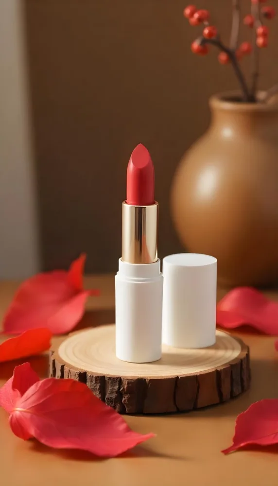 A White Lipstick On A Wooden Base With Red Leaves In The Foreground Wooden Table And Vase In The Background 20 C972