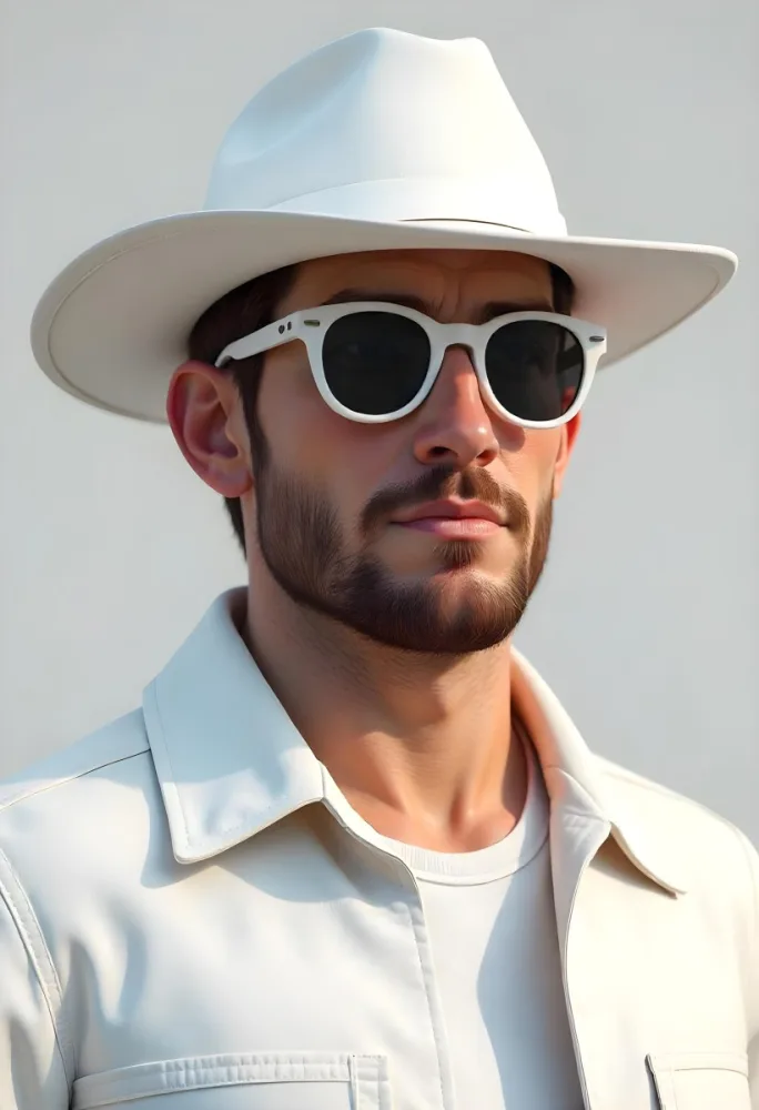 A White Man Age 28 With Short Brown Hair Wearing A White Hat White Sunglasses And A White Jacket In A Grey Background 24 9fce