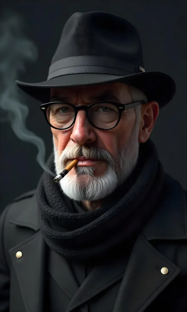 A White Man Age 35 With A Beard And Glasses Wearing A Black Hat And Scarf Smoking A Cigarette In A Dark Background 10 1946